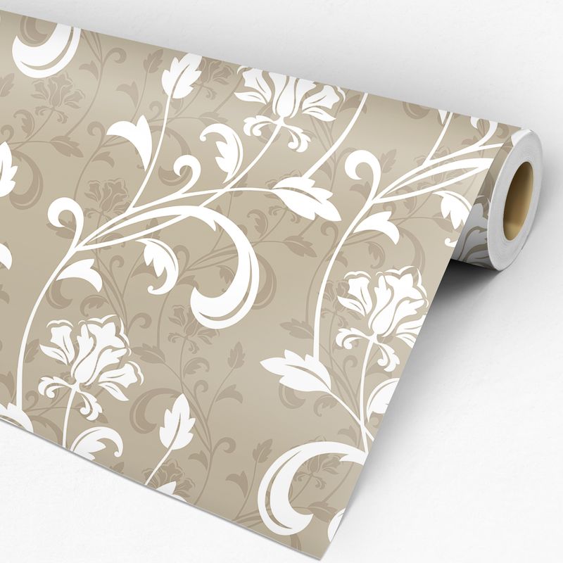 Rolo papel de Parede Adesivo Floral Bege Flores Brancas