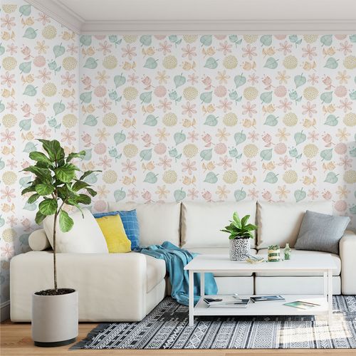 Papel de Parede Adesivo Floral Branco e Colorido - Medidas: 48 x 300 cm