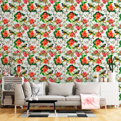 Papel de Parede Adesivo Floral Branco Hibisco Vermelho Pássaro - Medidas: 48 x 300 cm