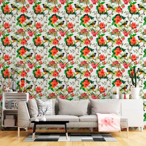 Papel de Parede Adesivo Floral Branco Hibisco Vermelho Pássaro