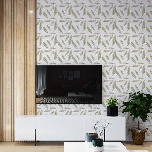 Papel de Parede Adesivo Floral Branco Penas - Medidas: 48 x 300 cm