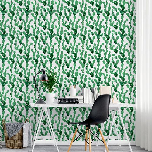 Papel de Parede Adesivo Floral Cactos Verdes - Medidas: 48 x 300 cm