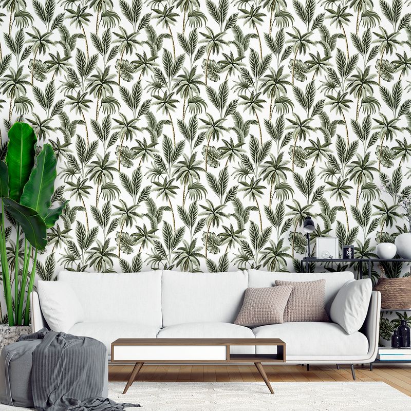 Papel adesivo floral folhagens verdes fundo de sala com sofá branco