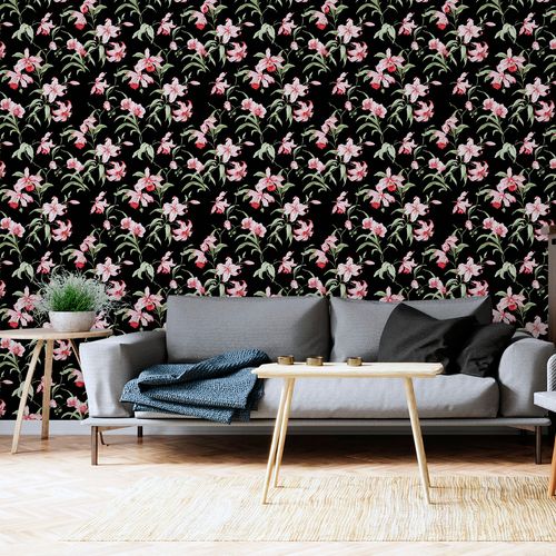 Papel de Parede Adesivo Floral Preto e Rosa - Medidas: 48 x 300 cm