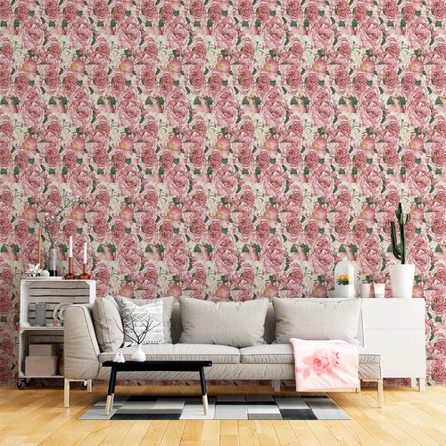 Papel de Parede Adesivo Floral Rosa e Bege - Medidas: 48 x 300 cm