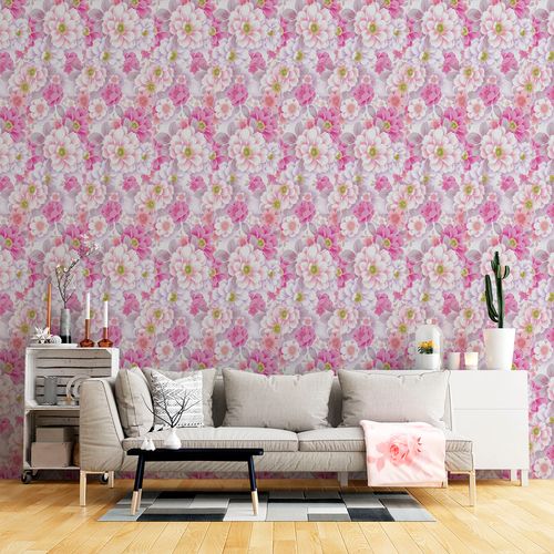 Papel de Parede Adesivo Floral Rosa, Branco e Lilás - Medidas: 48 x 300 cm
