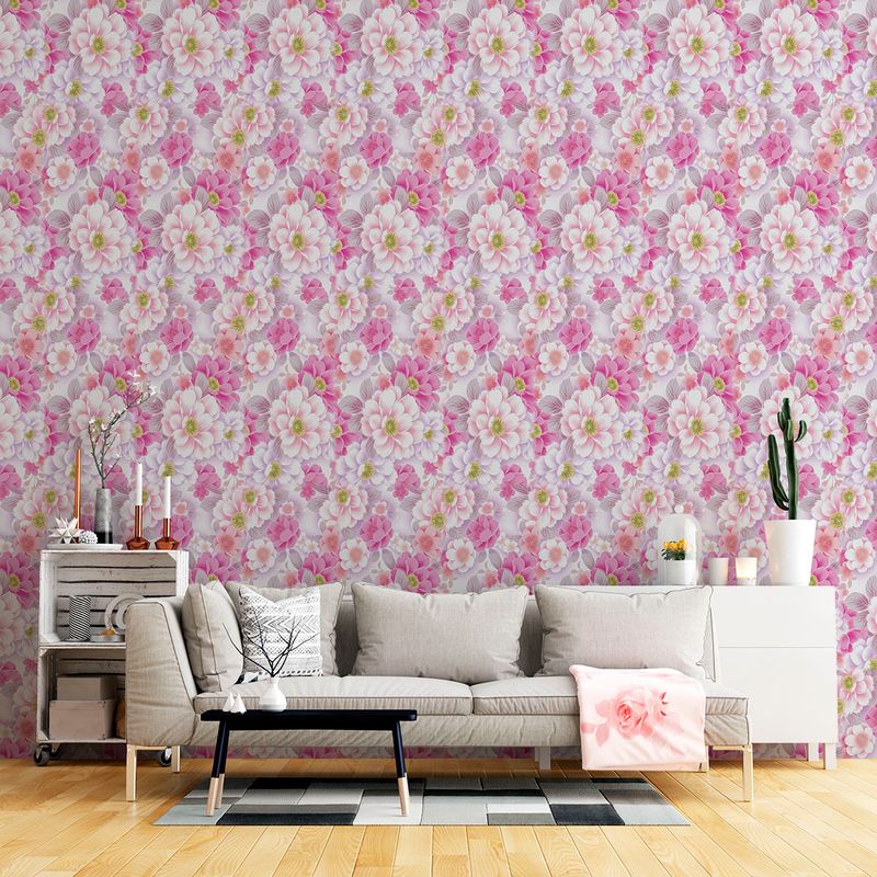 Papel de Parede Adesivo Floral Rosa, Branco e Lilás