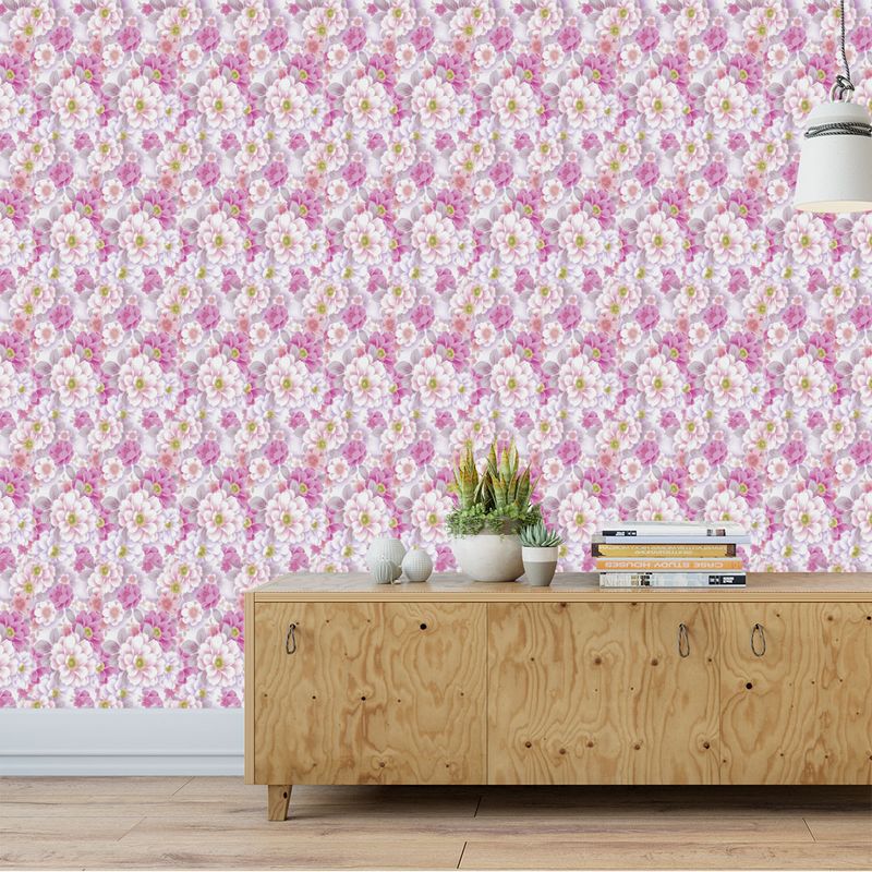 Papel de Parede Adesivo Floral Rosa, Branco e Lilás