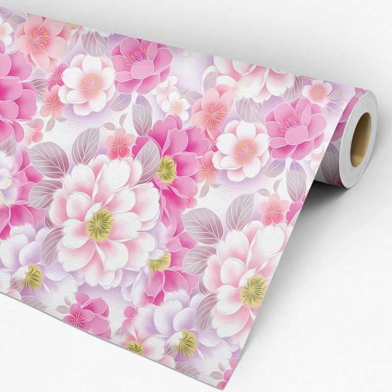 Papel de Parede Adesivo Floral Rosa, Branco e Lilás