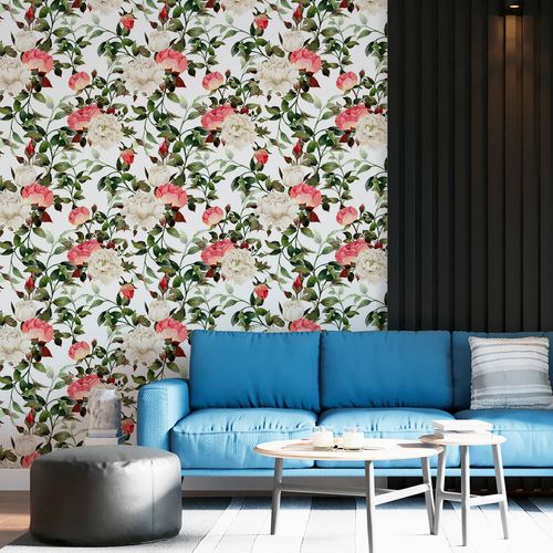 Papel de Parede Adesivo Floral Rosa, Branco e Verde - Medidas: 48 x 300 cm