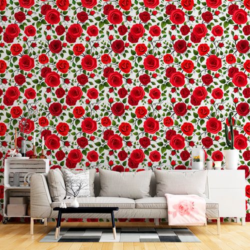 Papel de Parede Adesivo Floral Rosas Vermelhas - Medidas: 48 x 300 cm