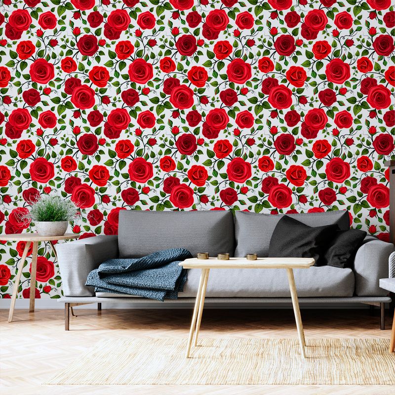 Papel de parede adesivo floral rosas vermelhas em sala de estar