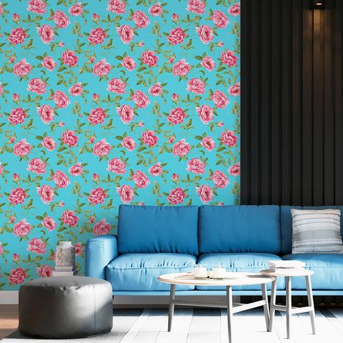 Papel de Parede Adesivo Floral Verde Água e Rosa