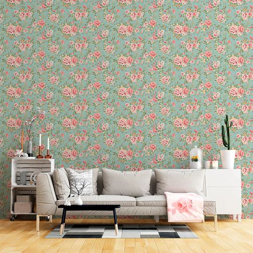 Papel de Parede Adesivo Floral Verde e Rosa - Medidas: 48 x 300 cm