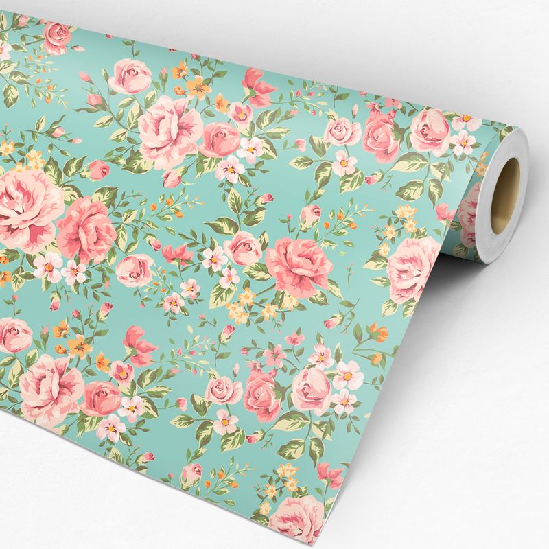 Rolo de papel de parede floral rosa com fundo azul