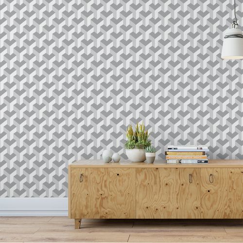 Papel de Parede Adesivo Geométrico 3D Cinza e Branco - Medidas: 48 x 300 cm