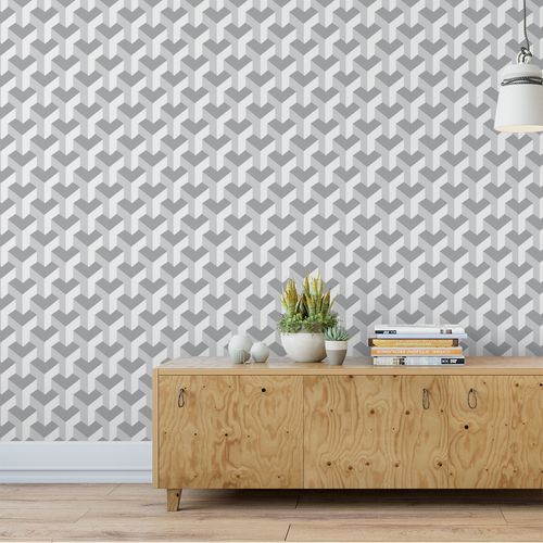 Papel de Parede Adesivo Geométrico 3D Cinza e Branco