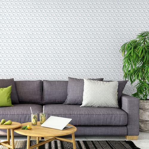 Papel de Parede Adesivo Geométrico 3D Cinza e Branco Triângulos - Medidas: 48 x 300 cm