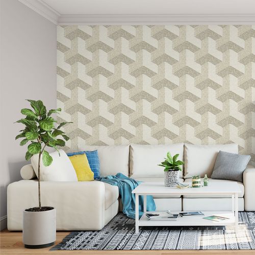 Papel de Parede Adesivo Geométrico 3D Listrado Bege - Medidas: 48 x 300 cm