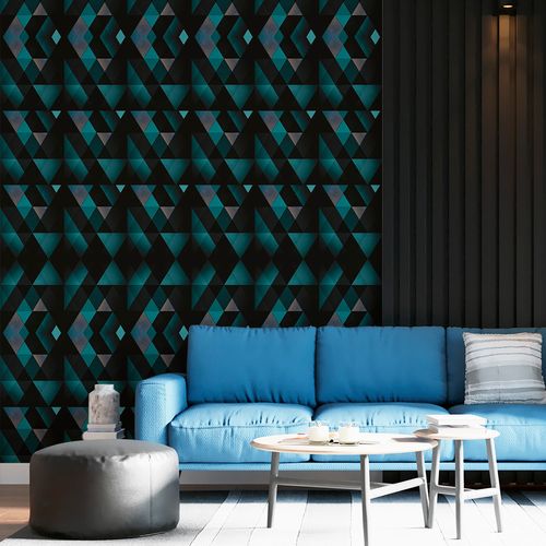 Papel de Parede Adesivo Geométrico Preto e Verde Ladrilhos - Medidas: 48 x 300 cm