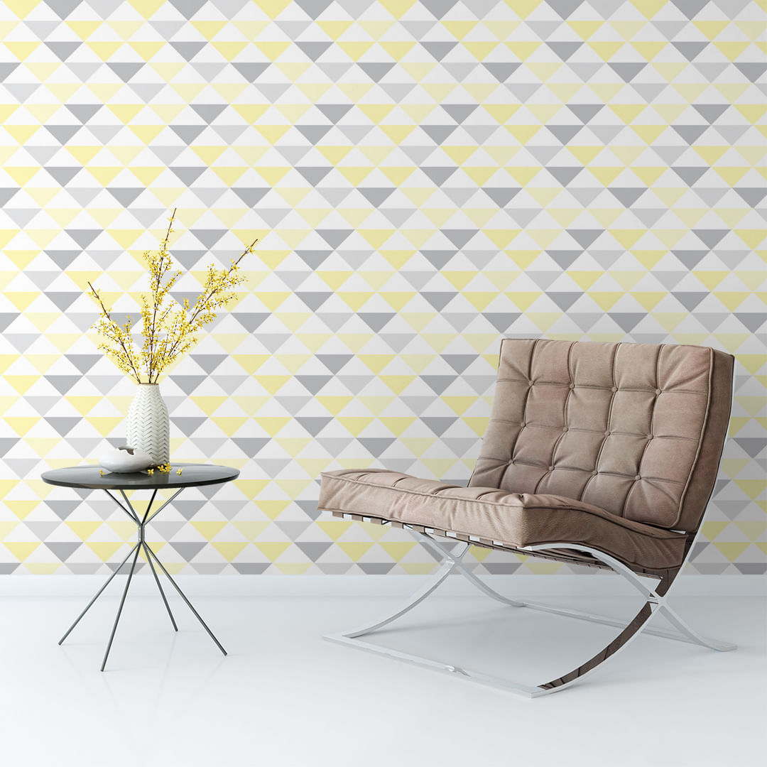 Papel de Parede Adesivo Geométrico Triângulos Amarelo e Cinza - Medidas ...