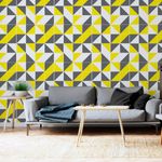 papel de parede triangulos cinza e amarelo para sala