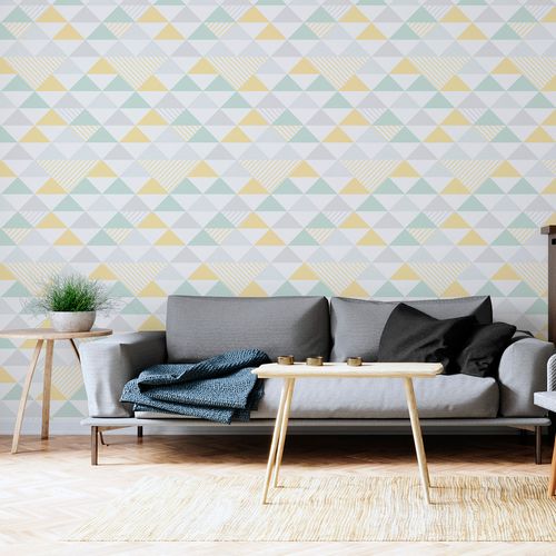 Papel de Parede Adesivo Geométrico Triângulos Amarelo e Verde - Medidas: 48 x 300 cm
