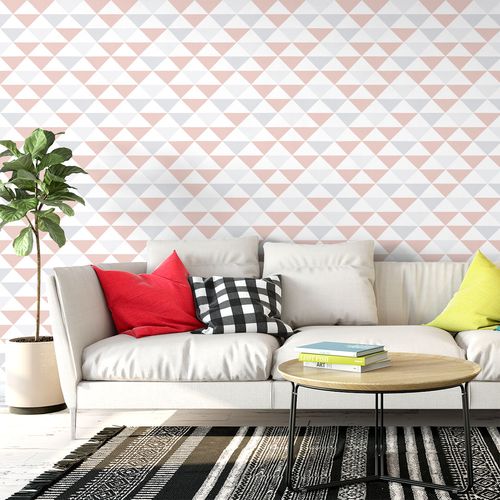 Papel de Parede Adesivo Geométrico Triângulos Cinza e Coral - Medidas: 48 x 300 cm