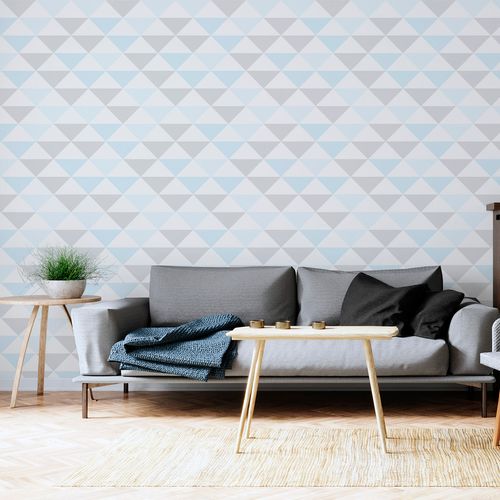 Papel de Parede Adesivo Geométrico Triângulos Cinza e Verde - Medidas: 48 x 300 cm