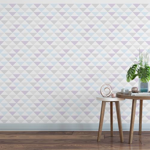 Papel de Parede Adesivo Geométrico Triângulos Cinza, Azul e Lilás - Medidas: 48 x 300 cm