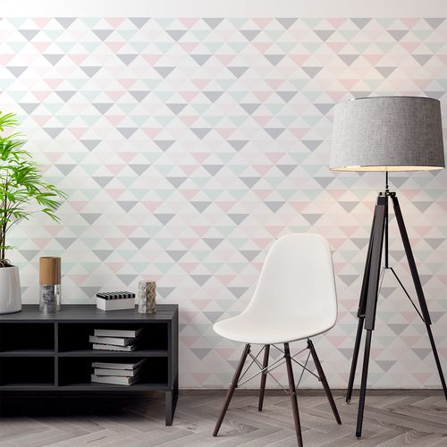 Papel de Parede Adesivo Geométrico Triângulos Cinza, Rosa e Verde - Medidas: 48 x 300 cm