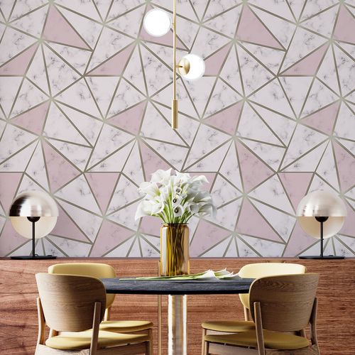 Papel de Parede Adesivo Geométrico Triângulos Mármore Zara Marble Rosa - Medidas: 48 x 300 cm