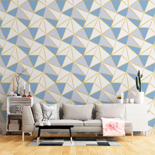 Papel de Parede Adesivo Geométrico Triângulos Zara Azul e Dourado - Medidas: 48 x 300 cm