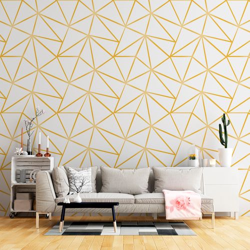 Papel de Parede Adesivo Geométrico Triângulos Zara Branco e Dourado - Medidas: 48 x 300 cm