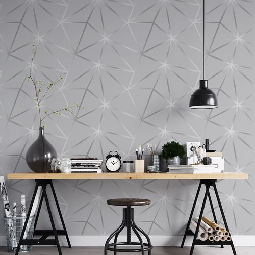 Papel de Parede Adesivo Geométrico Triângulos Zara Cinza e Prata - Medidas: 48 x 300 cm