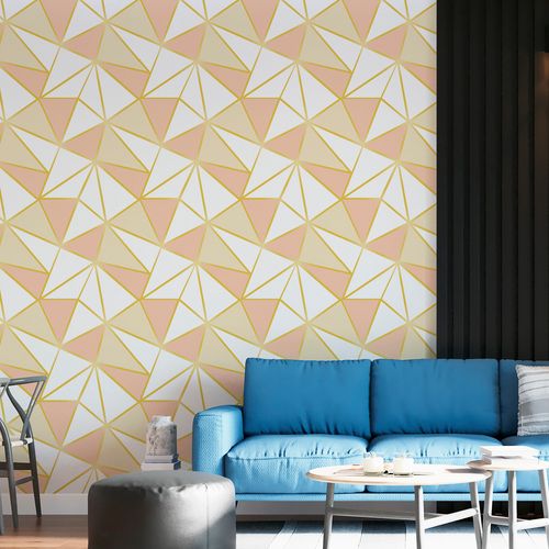 Papel de Parede Adesivo Geométrico Triângulos Zara Coral e Dourado