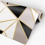 Rolo de Papel de Parede Adesivo Geométrico Triângulos Grandes nas cores Preto, Branco e Dourado