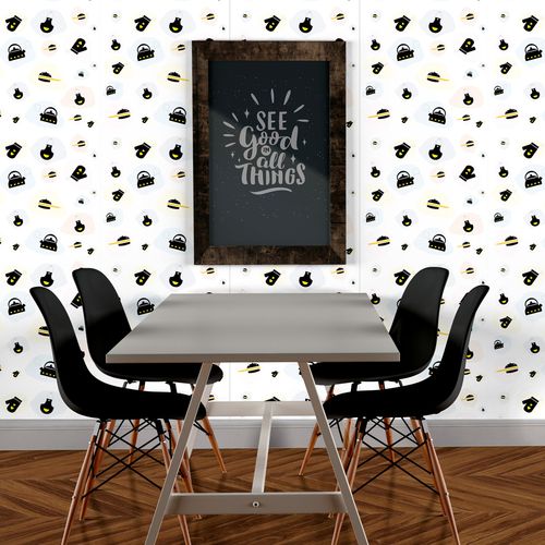 Papel de Parede Adesivo Gourmet Acessórios de Cozinha Preto - Medidas: 48 x 300 cm