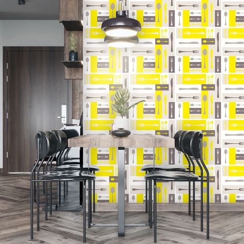 Papel de Parede Adesivo Gourmet Amarelo Garfos Colheres Facas