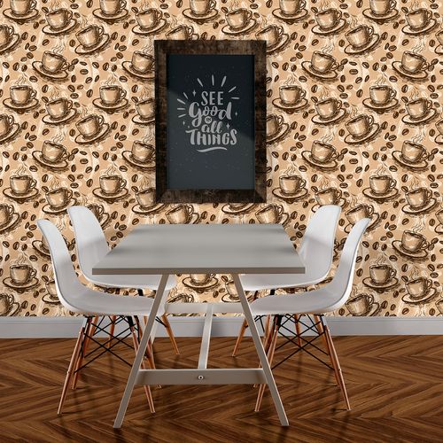 Papel de Parede Adesivo Gourmet Bege Cafeteria Grãos de Café - Medidas: 48 x 300 cm