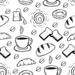 Estampa de papel de parede fundo branco com  ilustrações de  comidas de café da manhã