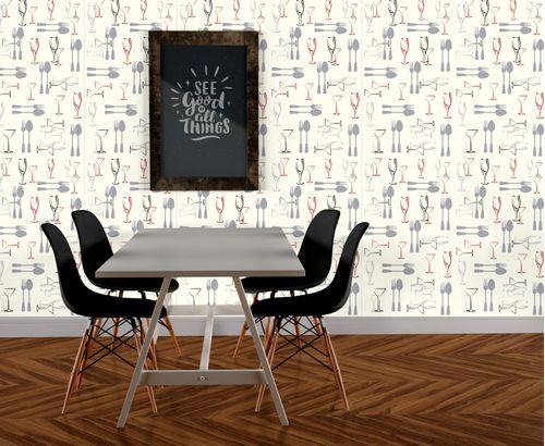 Papel de Parede Adesivo Gourmet Branco Restaurante Talheres Taças - Medidas: 48 x 300 cm