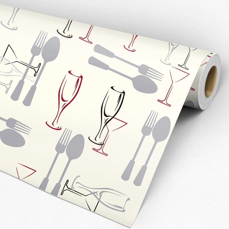 Papel de Parede Adesivo Gourmet Branco Restaurante Talheres Taças