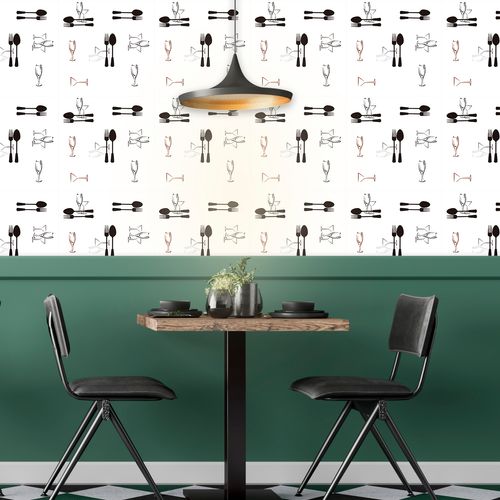 Papel de Parede Adesivo Gourmet Branco Talheres Taças Branco - Medidas: 48 x 300 cm