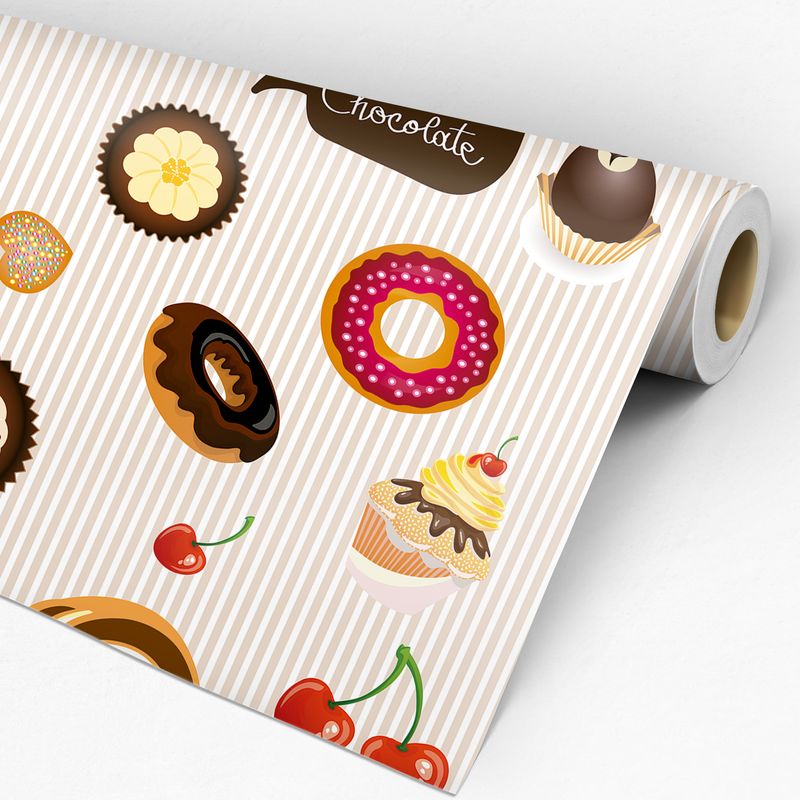 Papel de Parede Adesivo Gourmet Chocolate Rosquinha Cereja