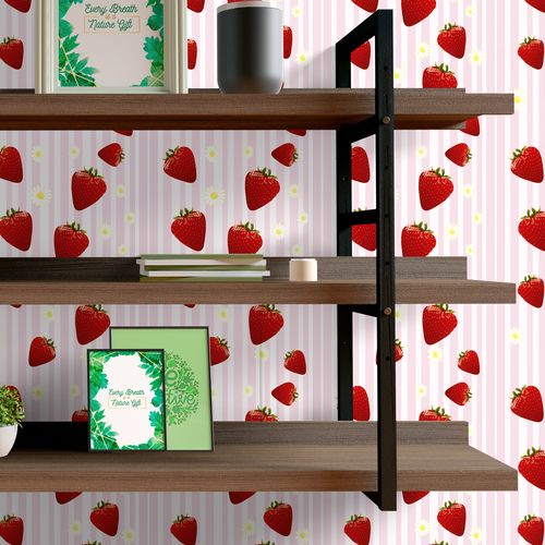 Papel de Parede Adesivo Gourmet Listrado Rosa Morango e Flores - Medidas: 48 x 300 cm