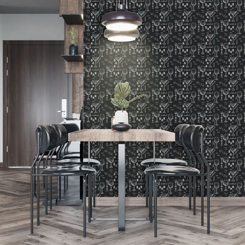 Papel de Parede Adesivo Gourmet Lousa Com Drink Bebida Taça - Medidas: 48 x 300 cm