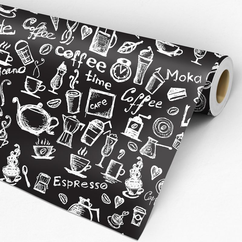 Papel de Parede Adesivo Gourmet Preto Cafeteria Café Coffee Time