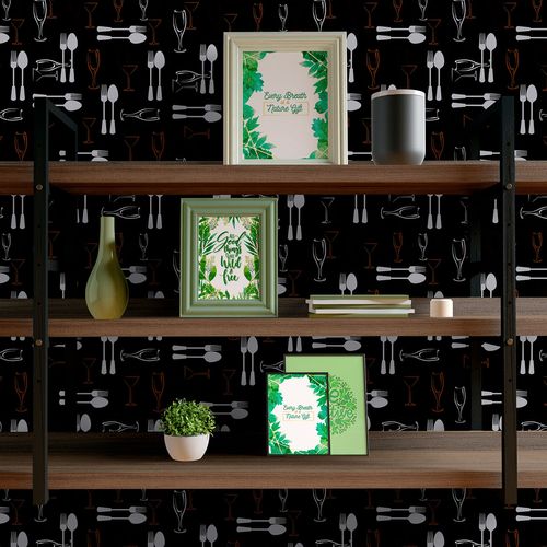 Papel de Parede Adesivo Gourmet Talheres e Taças Preto - Medidas: 48 x 300 cm