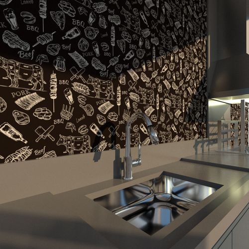 Papel de Parede Adesivo Gourmet Churrasco Babecue Preto - Medidas: 48 x 300 cm